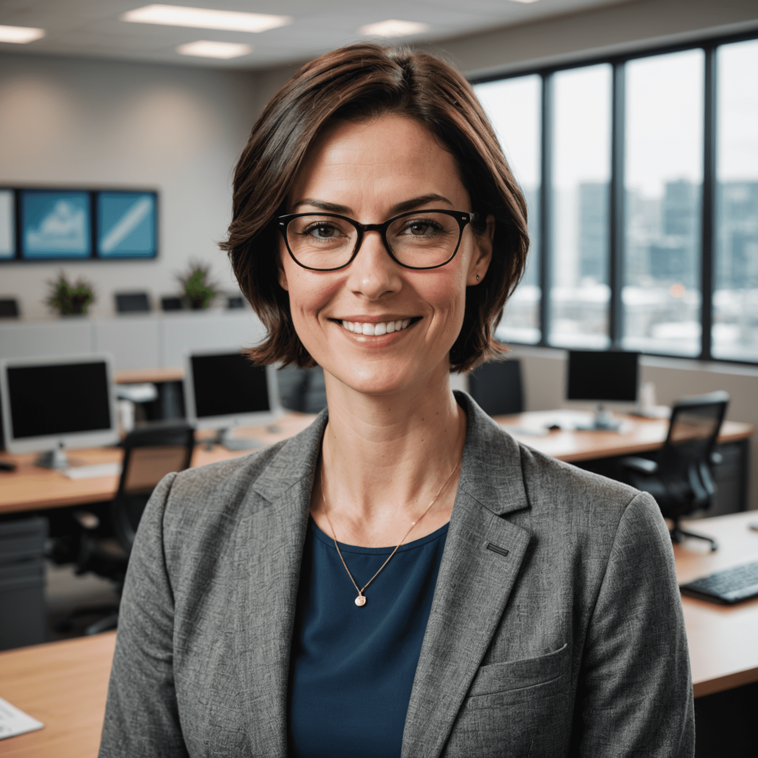 Portrait of Sarah Thompson, a woman in her 30s with short dark hair and glasses, smiling confidently in a modern office setting