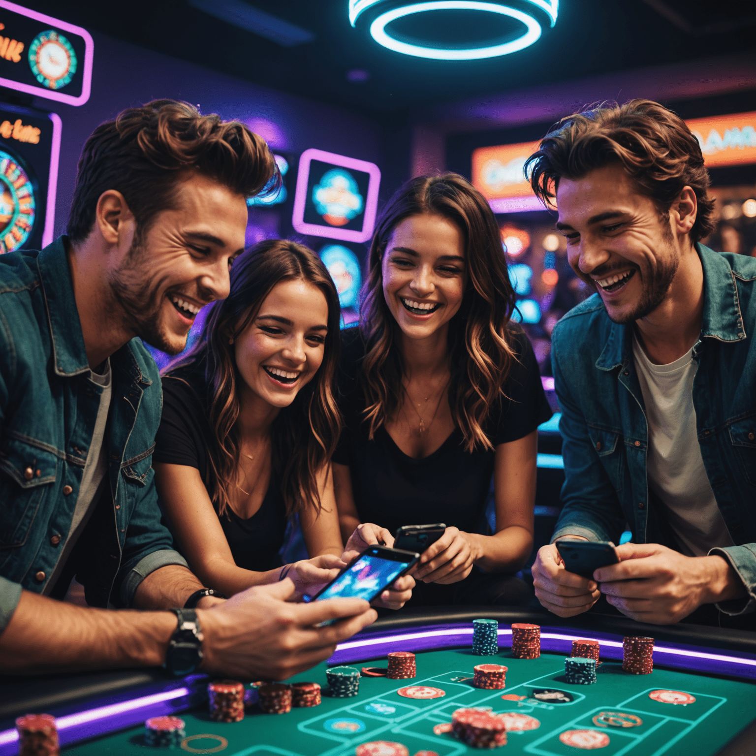 A group of friends laughing and playing social casino games on their devices, with virtual chips and cards floating around them in a neon-lit digital space