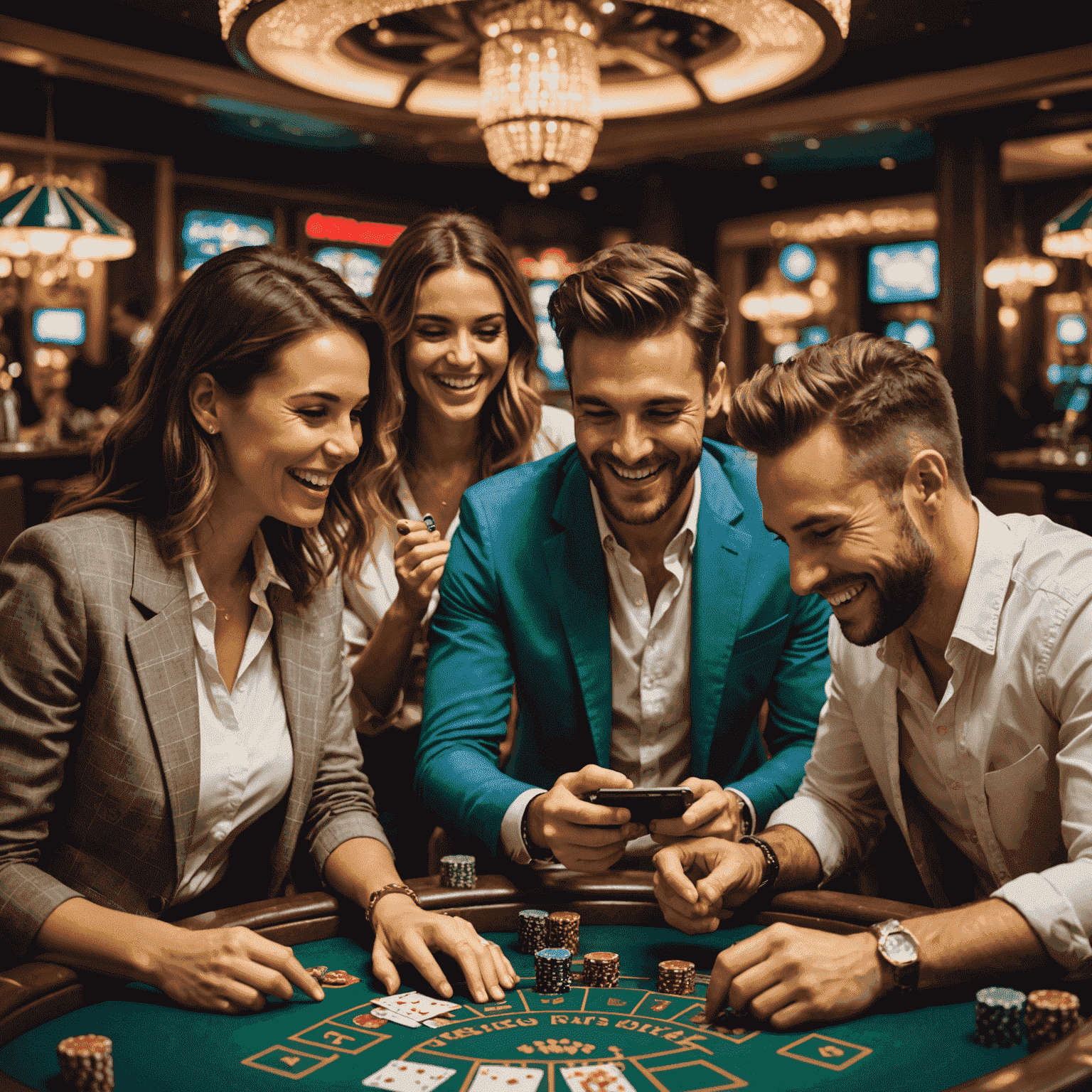 Five friends playing social casino games on their devices, laughing and having fun in a virtual environment with casino symbols floating around them