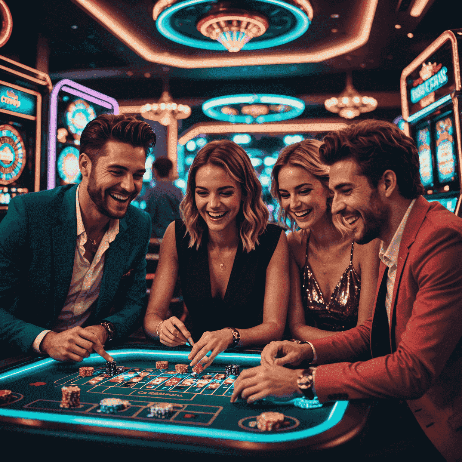 A group of friends laughing and playing social casino games on their devices, with neon lights and casino symbols floating around them in a retro-futuristic style