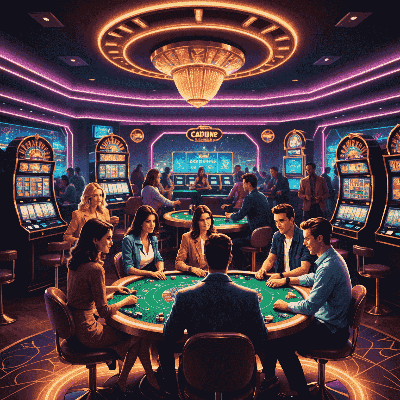 A retro-style illustration of friends gathered around virtual casino tables, with neon lights and digital chips flying across the screen