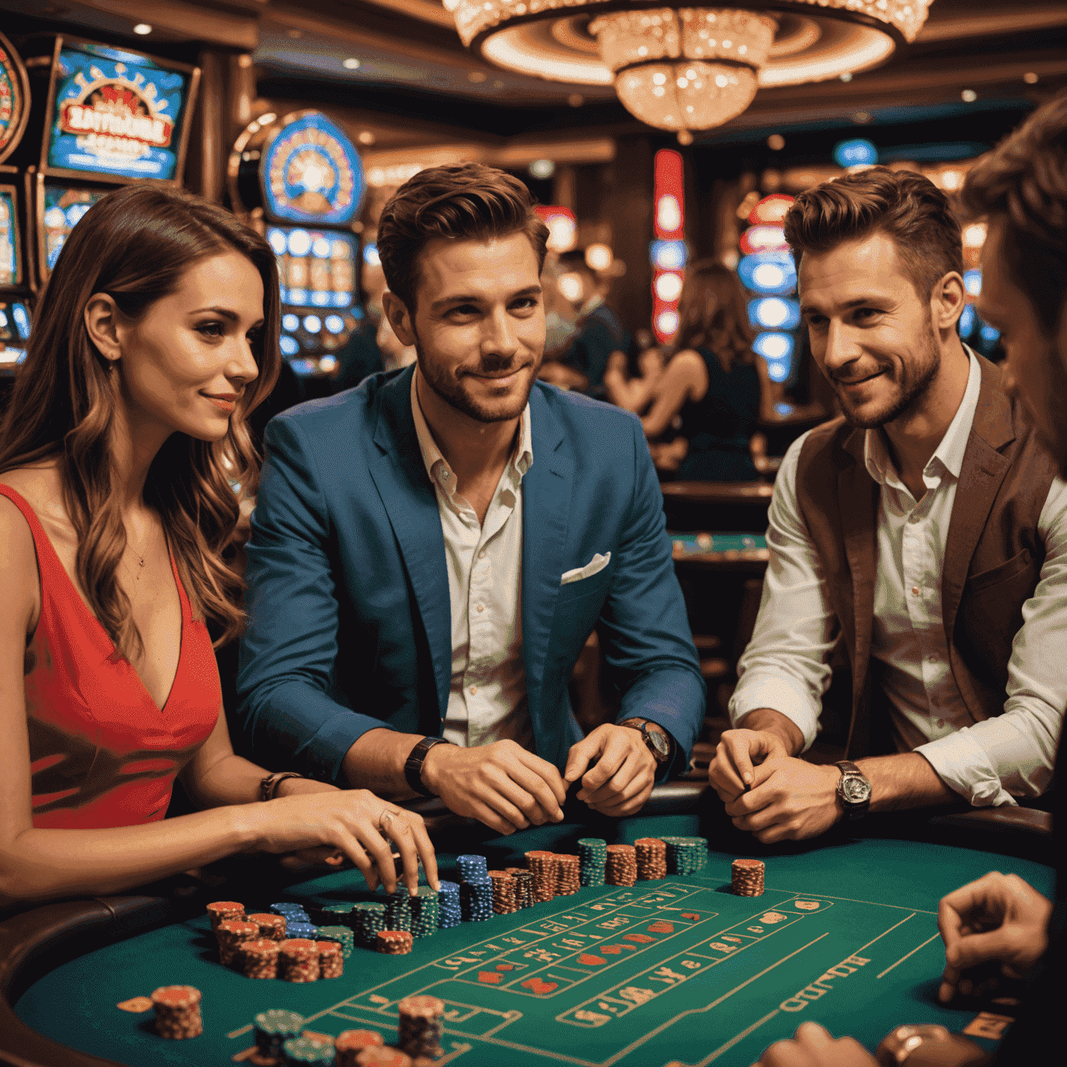 A group of friends enjoying social casino games on their devices, with responsible gaming symbols like time limits and budget indicators overlaid