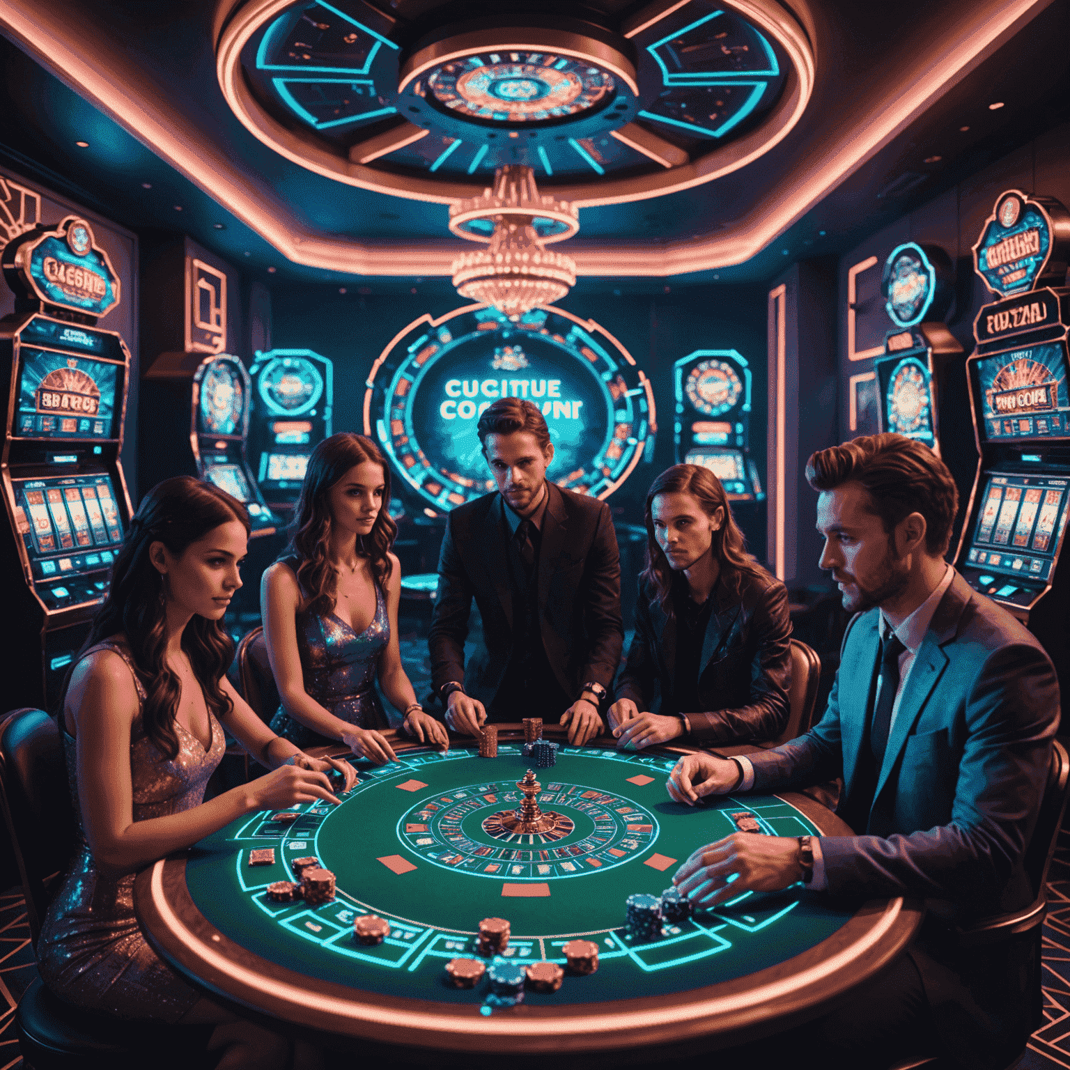 A stylized digital room with friends gathered around a virtual table, playing casino games. Holographic chips and cards float above the table, with neon lights illuminating the scene