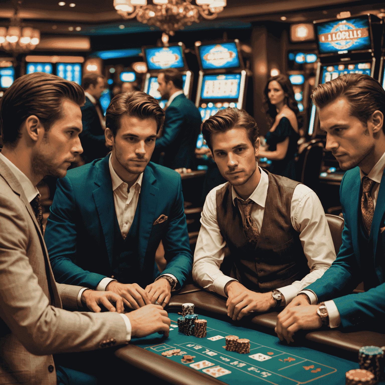 A group of friends in fancy attire, sitting at their computers with virtual poker tables and slot machines visible on their screens