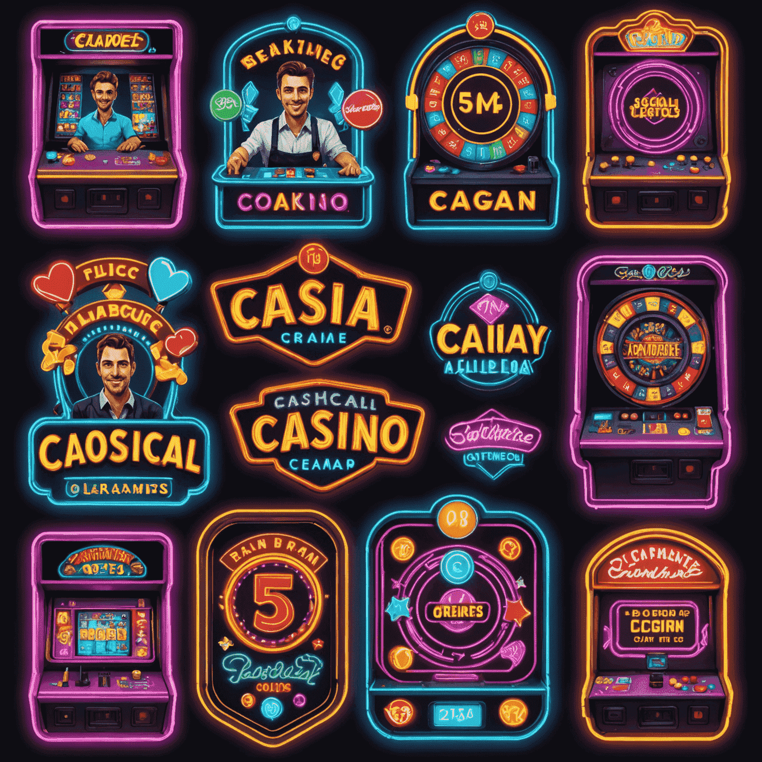 A collage of the 5 mentioned social casino game logos with friends' avatars celebrating wins, all in a retro arcade style with neon accents