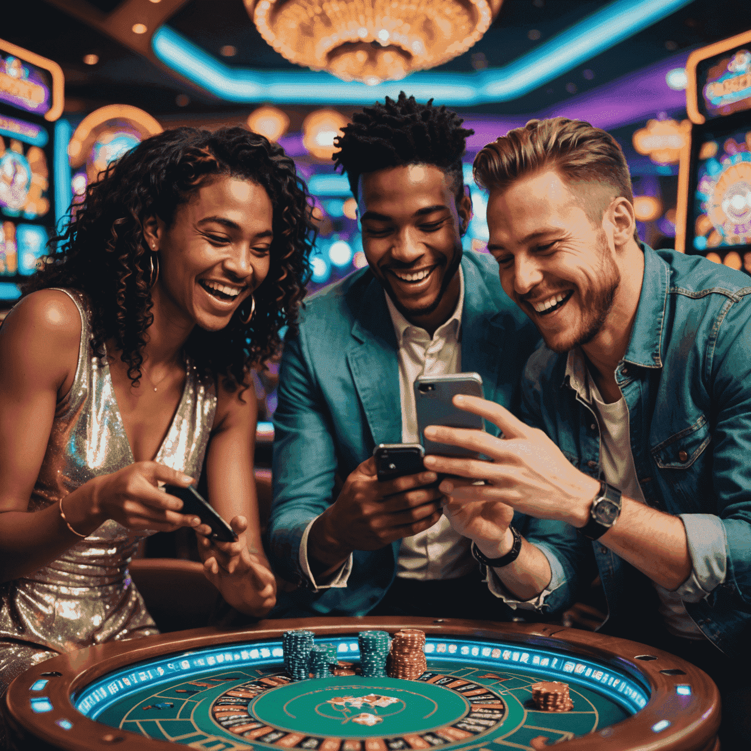 A group of diverse friends laughing and playing on their mobile devices, surrounded by holographic casino game symbols