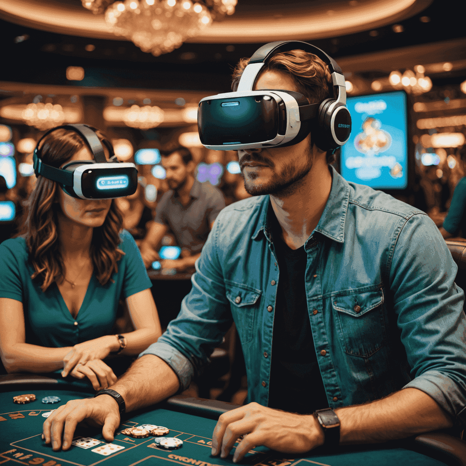 A person wearing a VR headset, interacting with virtual casino games and avatars of friends