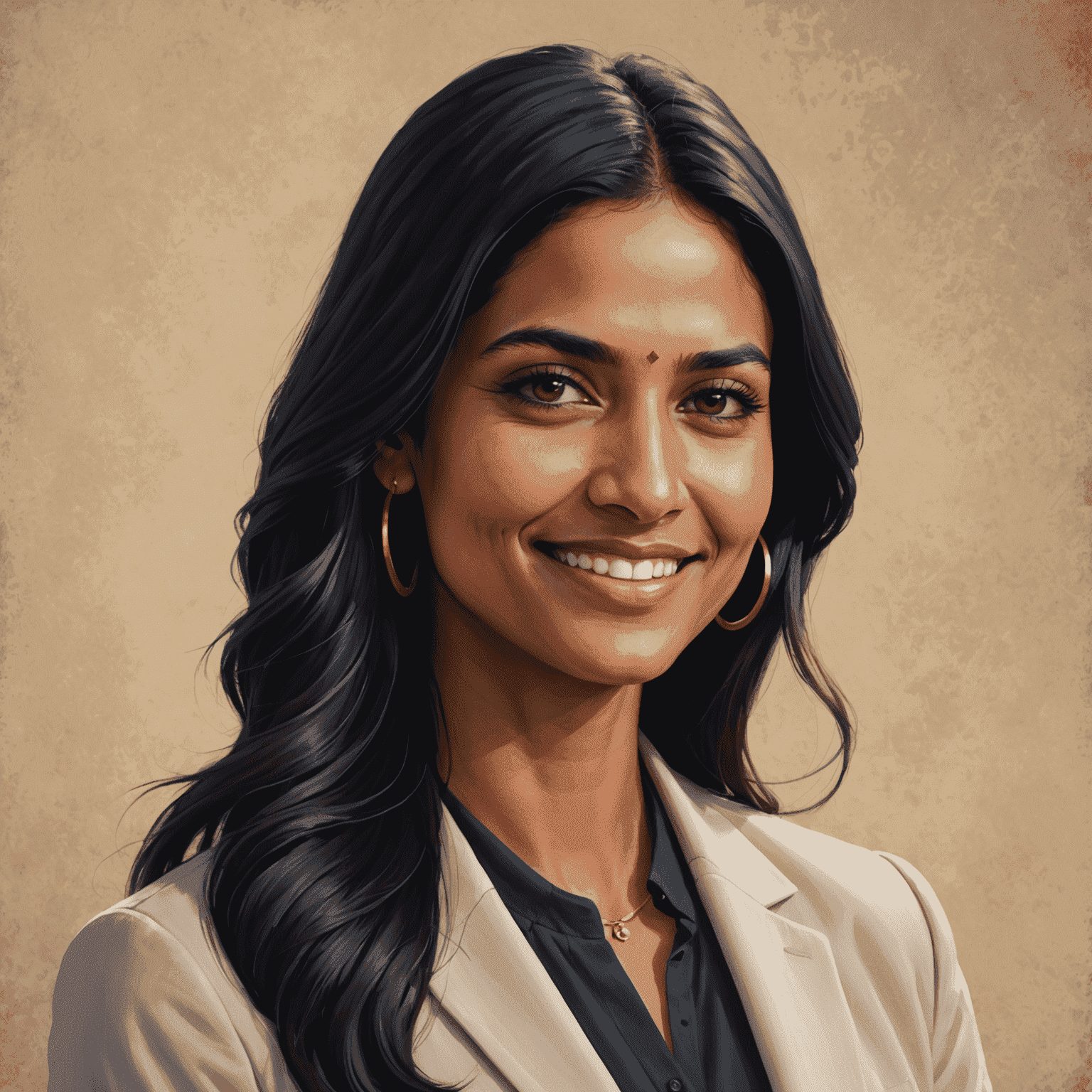 Portrait of Emily Patel, a woman of Indian descent in her mid-30s with long black hair, wearing professional attire and a warm smile