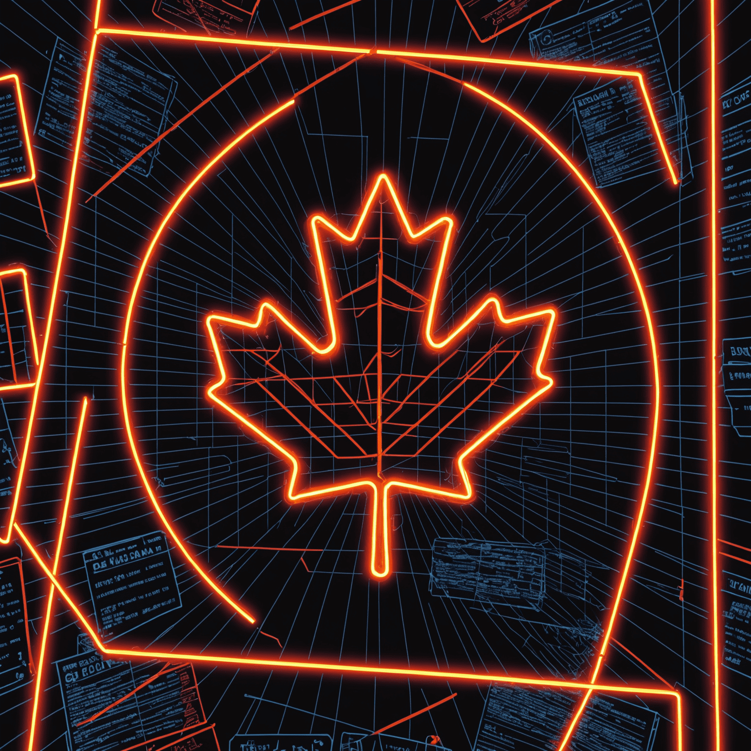 A digital representation of the Canadian flag with casino symbols and legal documents overlaid, all rendered in a neon wireframe style