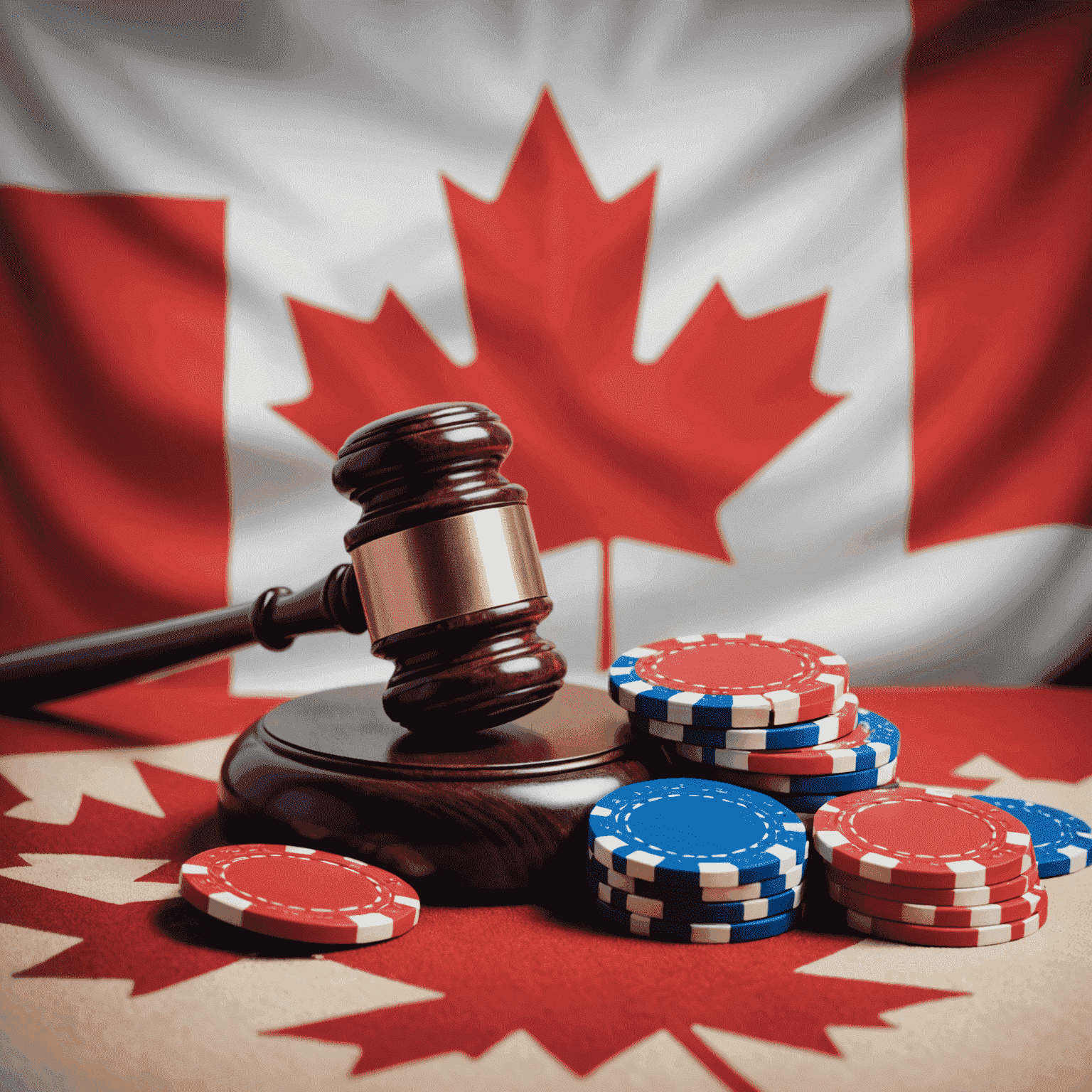 A Canadian flag with casino chips and a gavel, representing online gambling laws in Canada