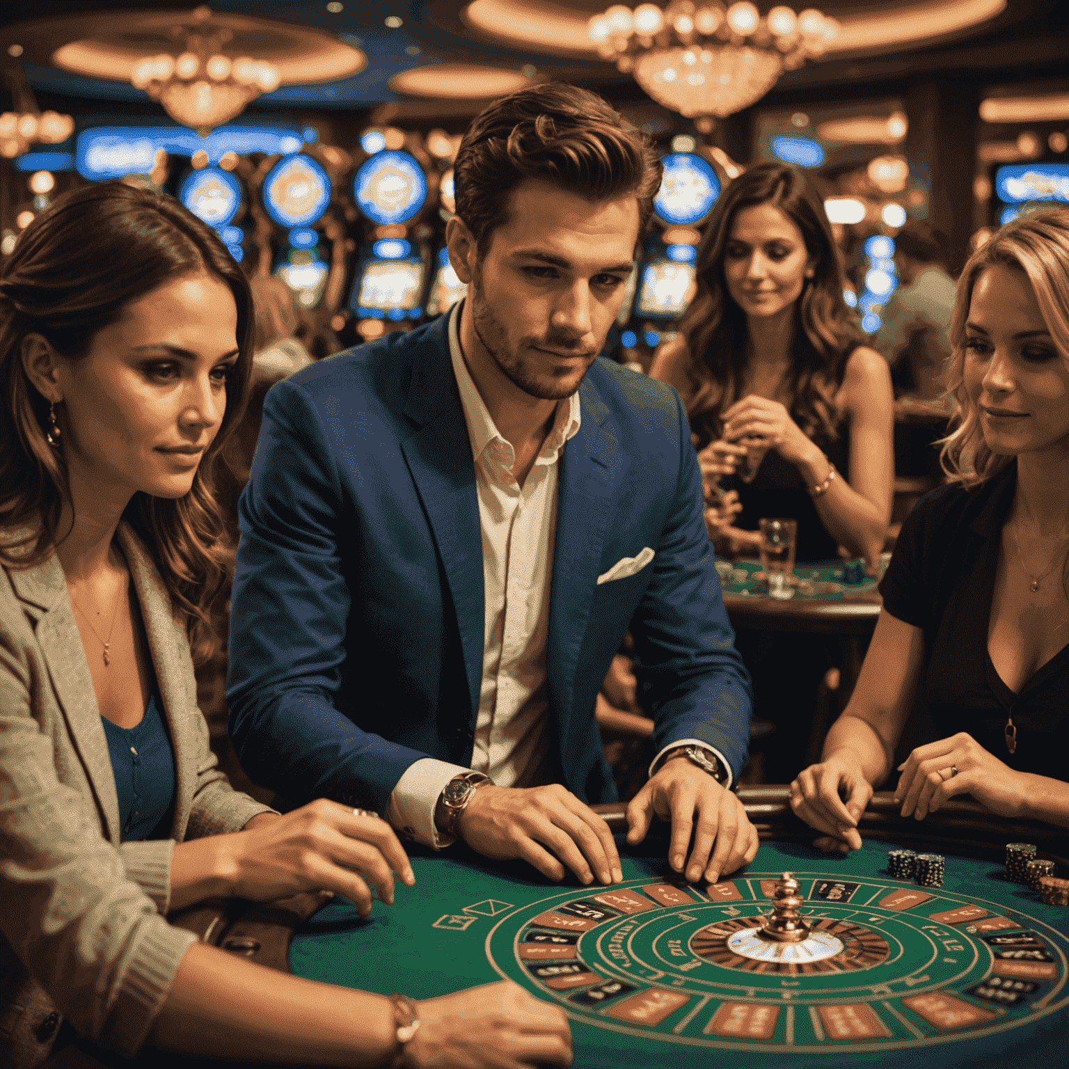 A person setting a timer while playing a social casino game, with friends and family in the background enjoying other activities