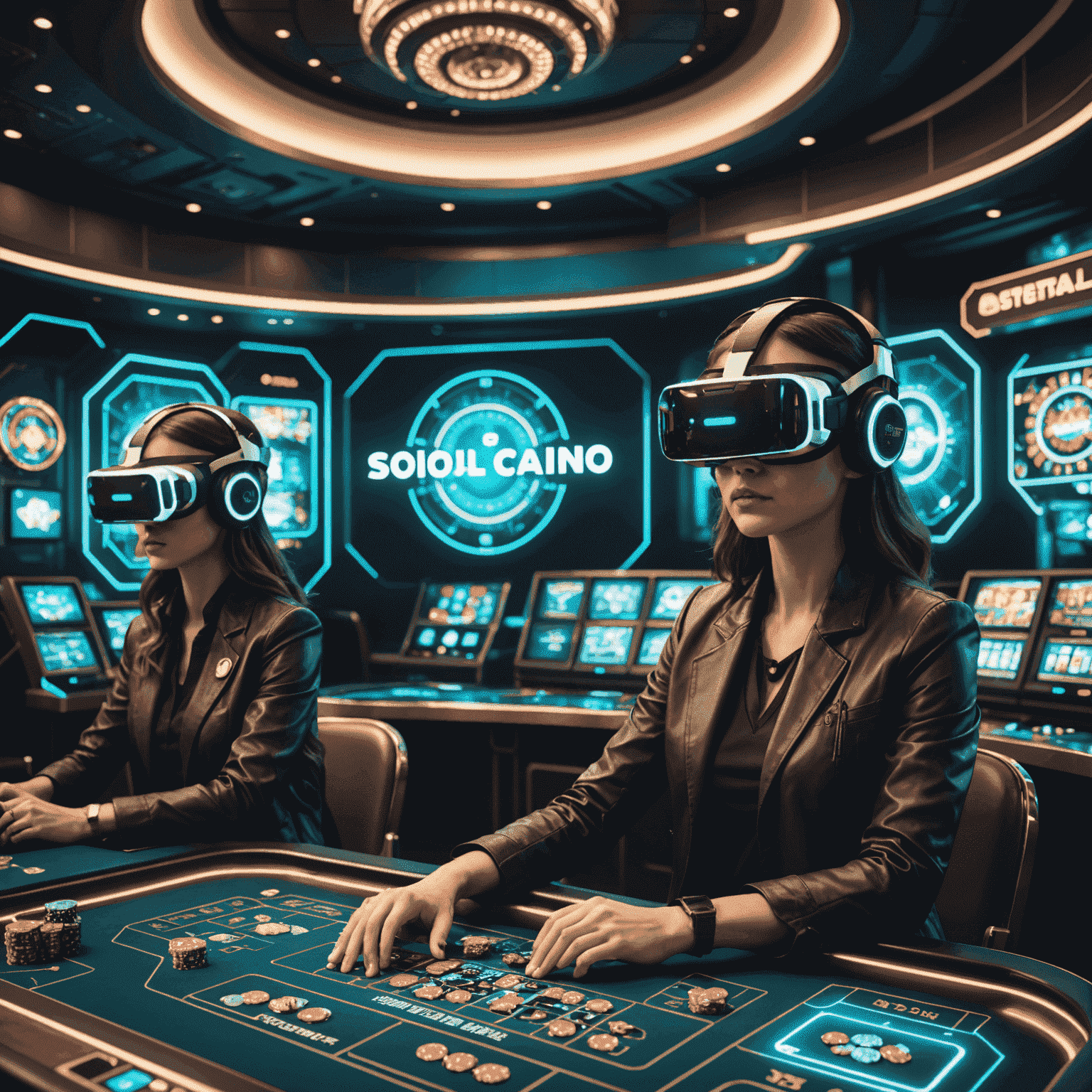 Futuristic social casino interface with VR headsets, holographic displays, and new game icons floating around